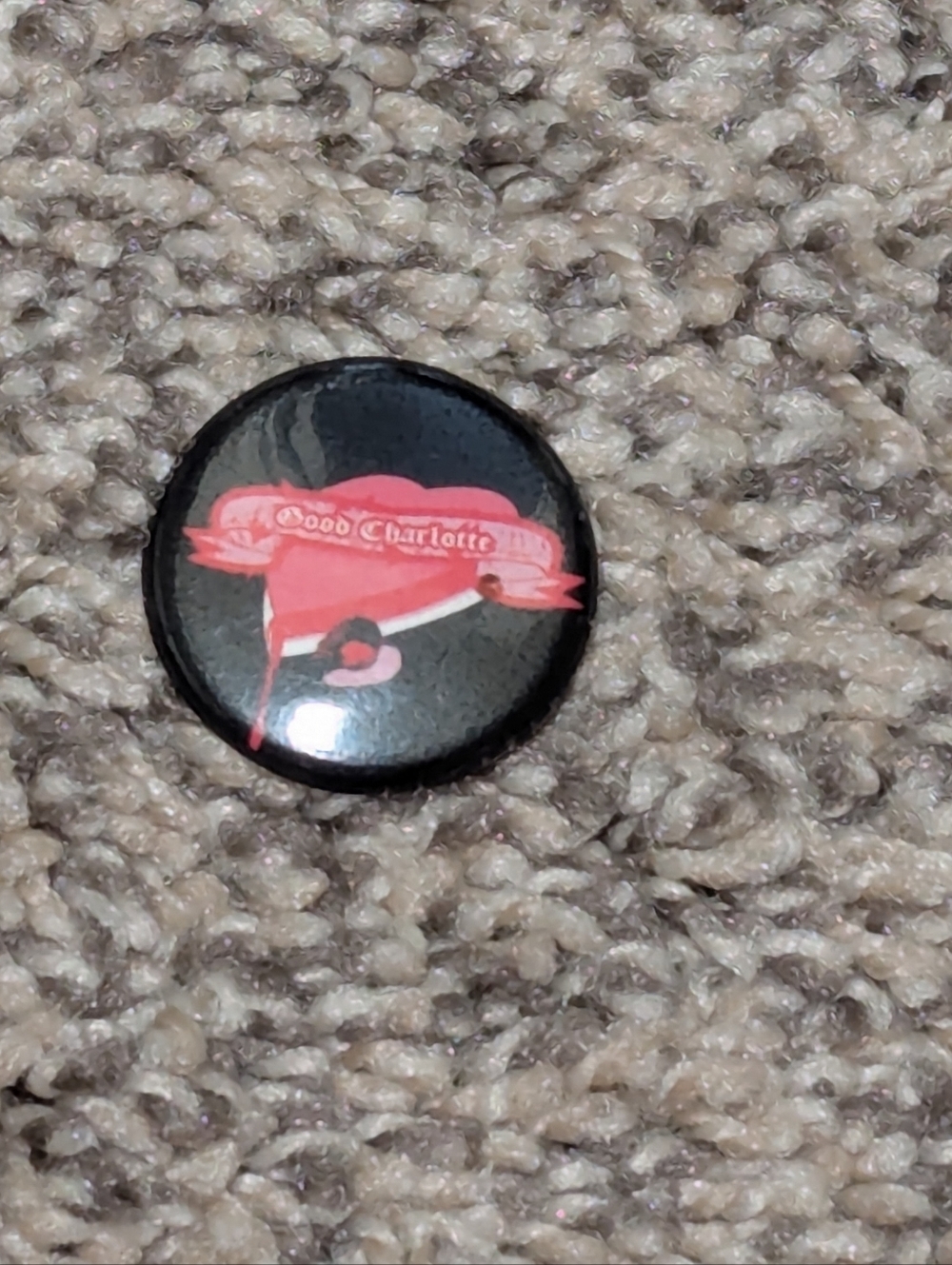 Y2K Good Charlotte Black Button Pin with Pink Heart Banner From Hot Topic